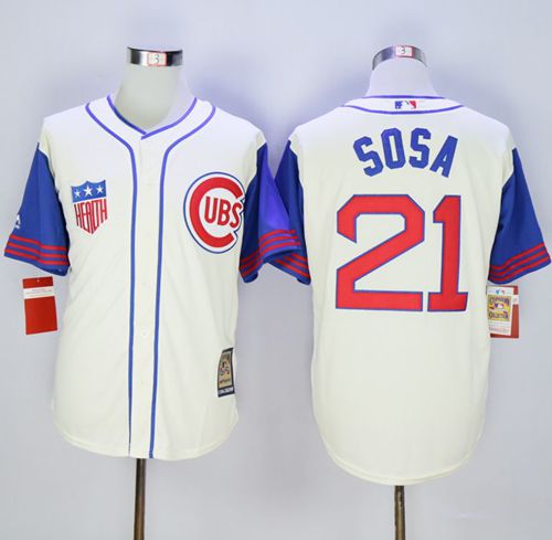 Cubs #21 Sammy Sosa Cream/Blue 1942 Turn Back The Clock Stitched MLB Jersey - Click Image to Close